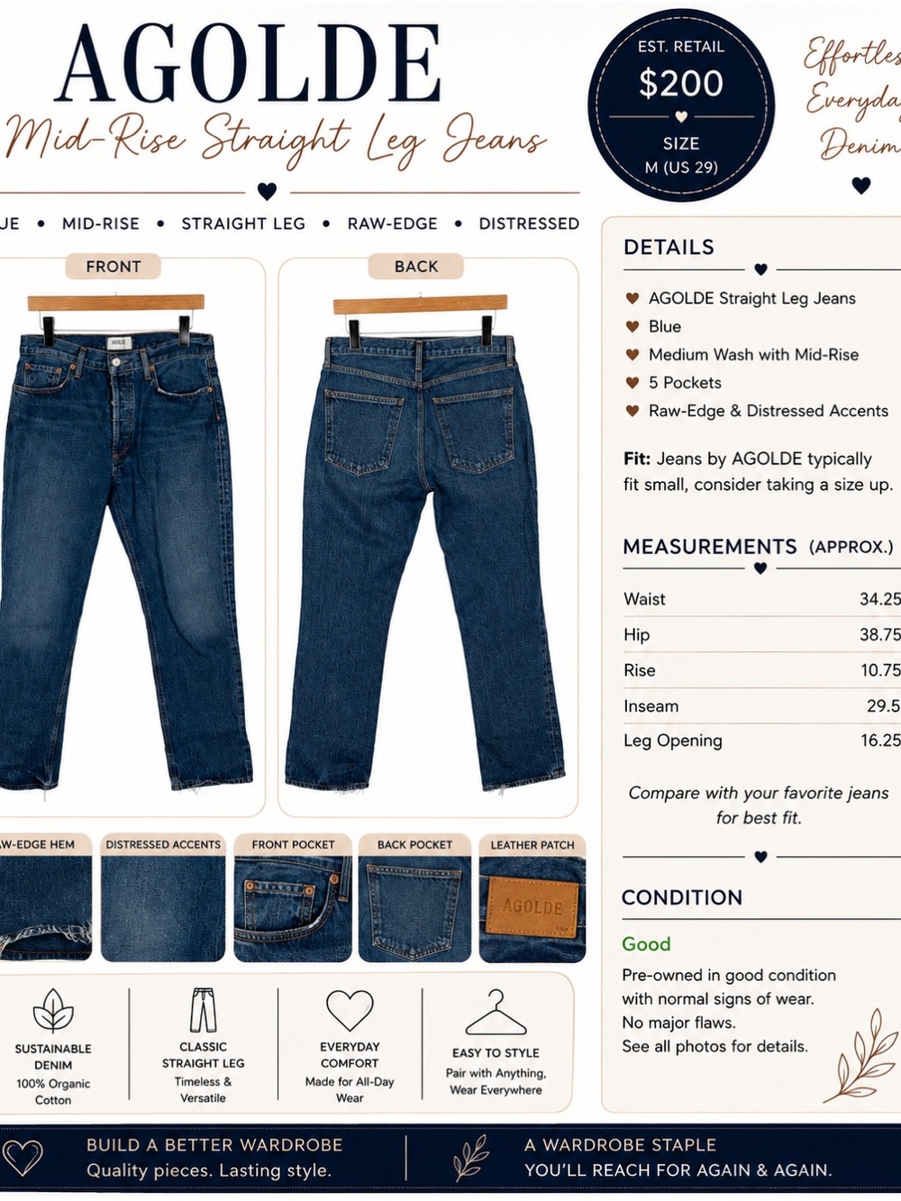 AGOLDE Mid-Rise Straight Leg Jeans – Size 29